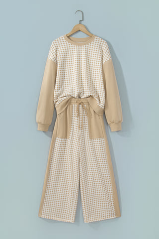 Brown Color Block Plaid Patchwork Long Sleeve Pullover Wide Leg Pant Set