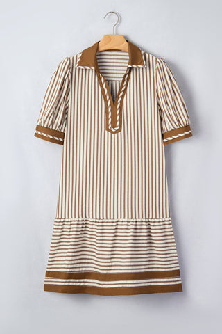 Brown Stripe Shirt Collar Color Block Patchwork Trim Ruffle Hem Short Dress
