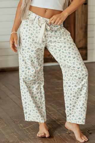 Beige Grommet Knot Waist Floral Barrel Leg Jeans