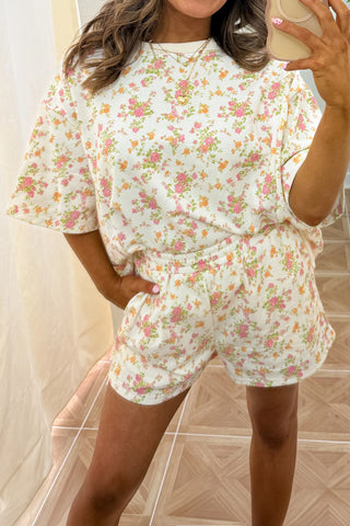 Sky Blue Floral Print Short Sleeve Elastic Waist Pocket Two Piece Set