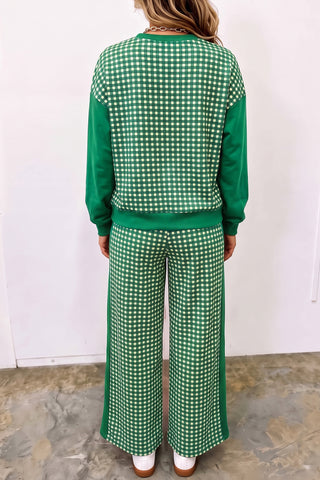 Brown Color Block Plaid Patchwork Long Sleeve Pullover Wide Leg Pant Set