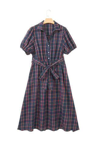 Black Plaid V Neck Belted Waist Short Sleeve Plus Size Dress