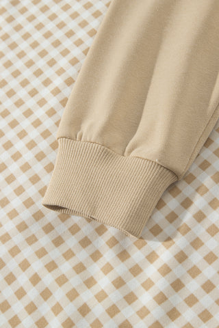 Brown Color Block Plaid Patchwork Long Sleeve Pullover Wide Leg Pant Set