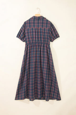 Black Plaid V Neck Belted Waist Short Sleeve Plus Size Dress