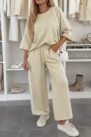 Pink Leopard Print Varsity Striped Detail 3/4 Sleeve Top Shift Pant Set