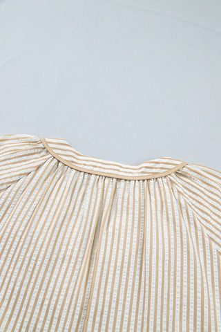 Khaki Stripe V Neck Floral Embroidered Long Sleeve Blouse