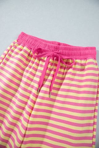 Pink Stripe Colorblock Trim Crew Neck Loose Tee Drawstring Elastic Waist 2pcs Pant Set