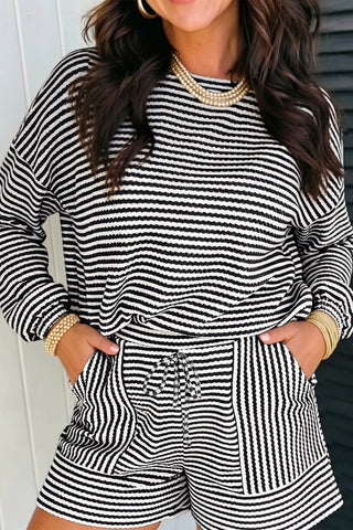Sky Blue Stripe Textured Knit Long Sleeve Top Elastic Waist Shorts Casual Outfit