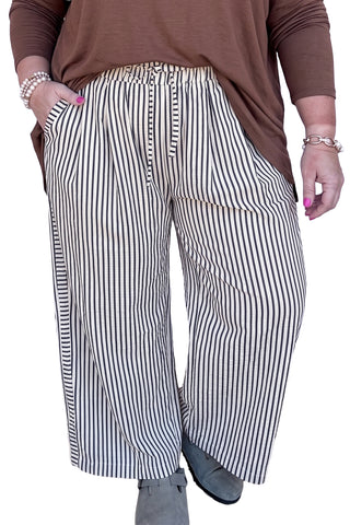 Black Stripe Plus Size Tie Waist Loose Pants