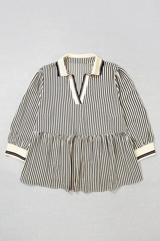 Black Stripe Patchwork Striped V Neck Tunic Plus Size Blouse