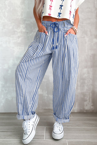 Black Stripe Drawstring Casual Loose Pants
