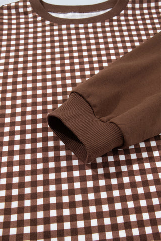 Brown Color Block Plaid Patchwork Long Sleeve Pullover Wide Leg Pant Set