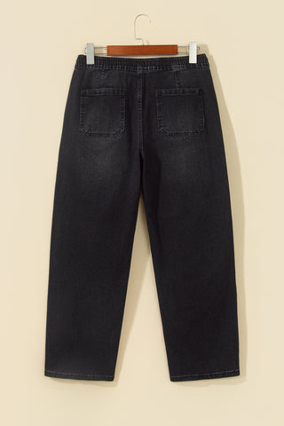 Black Drawstring Waist Ankle Length Casual Jeans Regular Fit Pocket Detail Denim Pants