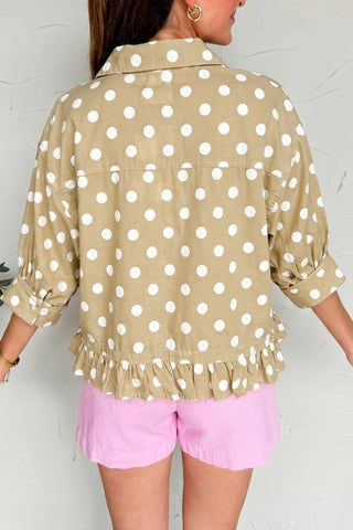 White Polka Dot Print Three Quarter Sleeve Ruffle Hem Casual Shirt