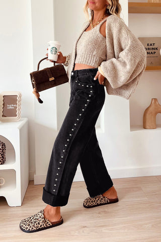 Coffee Studded Detail Straight Leg Casual Loose Jeans