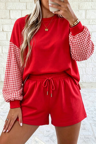 Red Plaid Patchwork Long Sleeve Top Solid Drawstring Shorts Set