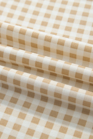 Brown Color Block Plaid Patchwork Long Sleeve Pullover Wide Leg Pant Set