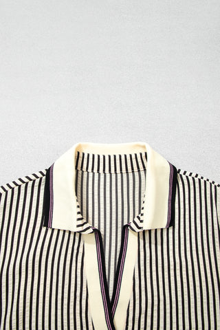 Black Stripe Patchwork Striped V Neck Tunic Plus Size Blouse