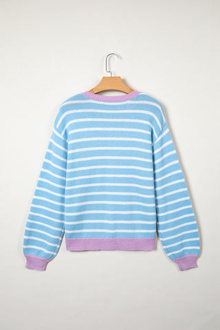 Sky Blue Stripe Striped Long Sleeve Round Neck Open Front Cardigan