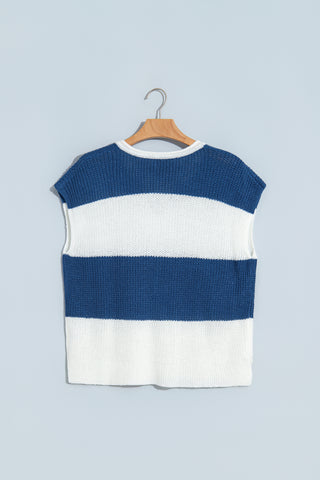Brown Stripe Striped Colorblock Knit V Neck Short Sleeve Loose Sweater