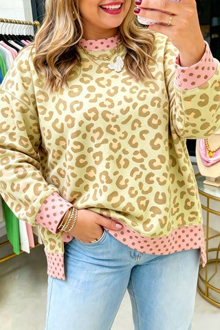 Brown Plus Size Leopard Print Contrast Polka Dot Trim Long Sleeve Top
