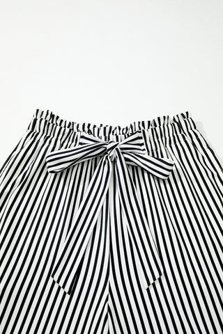 Black Stripe Tied High Waist Loose Straight Casual Pants