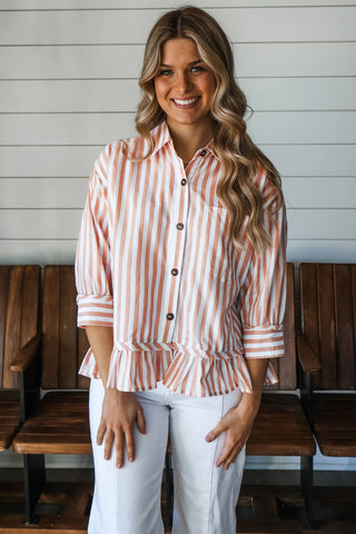 Khaki Stripe Collar Button Front Bracelet Sleeve Ruffle Hem Shirt