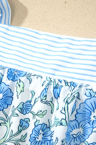 Sky Blue Floral Striped Patchwork Knot Straps 2pcs Short Set