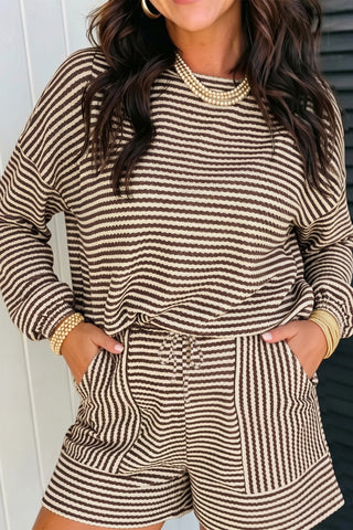 Sky Blue Stripe Textured Knit Long Sleeve Top Elastic Waist Shorts Casual Outfit