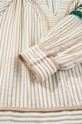 Khaki Stripe V Neck Floral Embroidered Long Sleeve Blouse