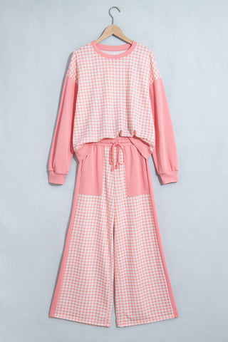 Brown Color Block Plaid Patchwork Long Sleeve Pullover Wide Leg Pant Set