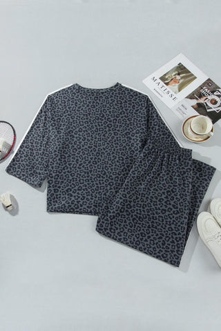 Gray Leopard Print Bracelet Sleeve Top Plus Size Loose Pants Set