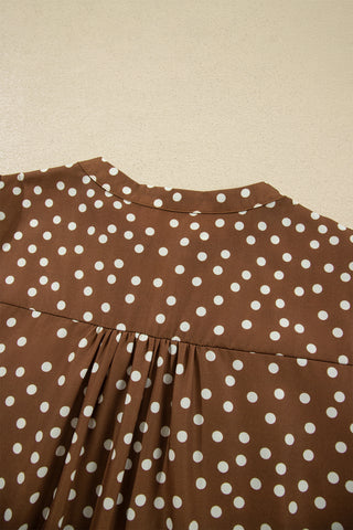 Brown V Neck Polka Dot Long Sleeve Shift Plus Size Dress