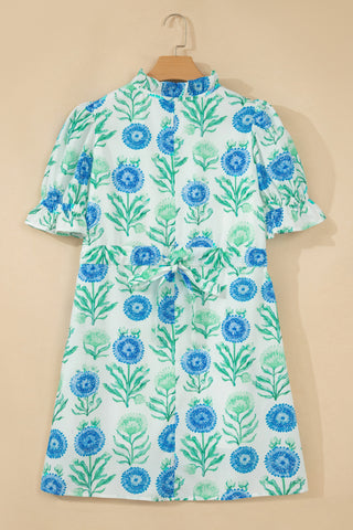 Sky Blue Floral Print Half Button Frilly Short Sleeve Dress