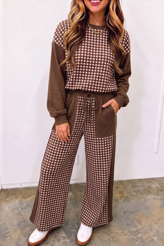 Brown Color Block Plaid Patchwork Long Sleeve Pullover Wide Leg Pant Set