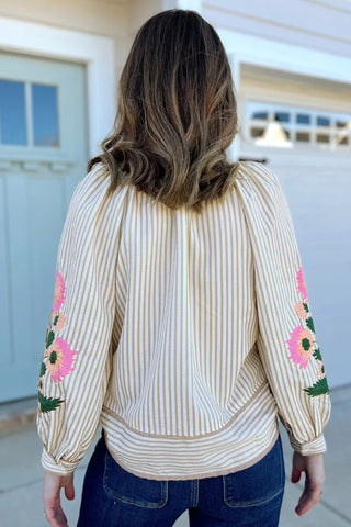 Khaki Stripe V Neck Floral Embroidered Long Sleeve Blouse