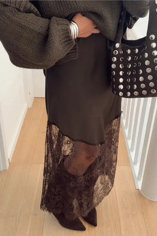 Dark Brown Lace Patchwork Hem Long Casual Shift Skirt