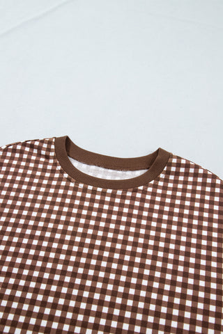 Brown Color Block Plaid Patchwork Long Sleeve Pullover Wide Leg Pant Set