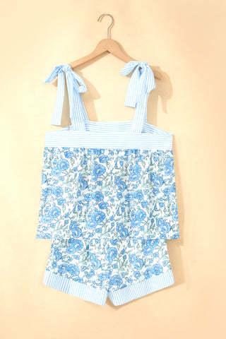 Sky Blue Floral Striped Patchwork Knot Straps 2pcs Short Set