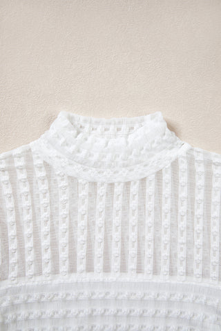 Beige Textured Sheer Lace High Neck Long Sleeve Top