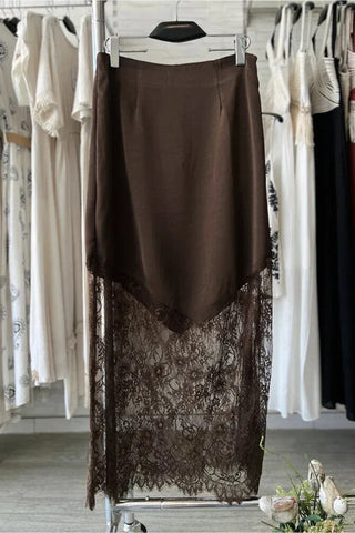 Dark Brown Lace Patchwork Hem Long Casual Shift Skirt