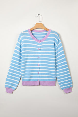 Sky Blue Stripe Striped Long Sleeve Round Neck Open Front Cardigan