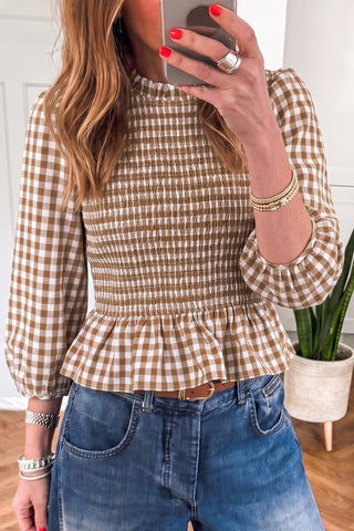 Red 3/4 Sleeve Shirred Plaid Peplum Top
