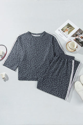 Gray Leopard Print Bracelet Sleeve Top Plus Size Loose Pants Set