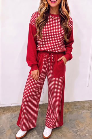 Brown Color Block Plaid Patchwork Long Sleeve Pullover Wide Leg Pant Set