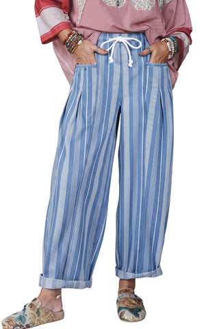 Sky Blue Stripe High Waist Wide Leg Lace Up Barrel Jeans