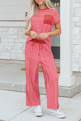 Rose Stripe Crew Neck Tee Drawstring Waist Cropped Pants Set