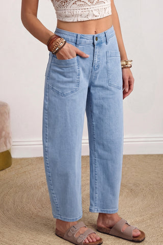 Beau Blue Solid Color Square Patch Pocket Ankle-length Barrel Jeans