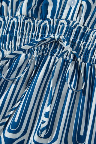 Blue Geometric Print Short Sleeve Drawstring Shirt Collar Dress
