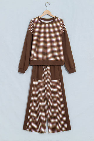 Brown Color Block Plaid Patchwork Long Sleeve Pullover Wide Leg Pant Set